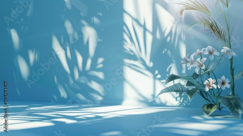 Blue gradient studio background with window shadows and palm leaves.