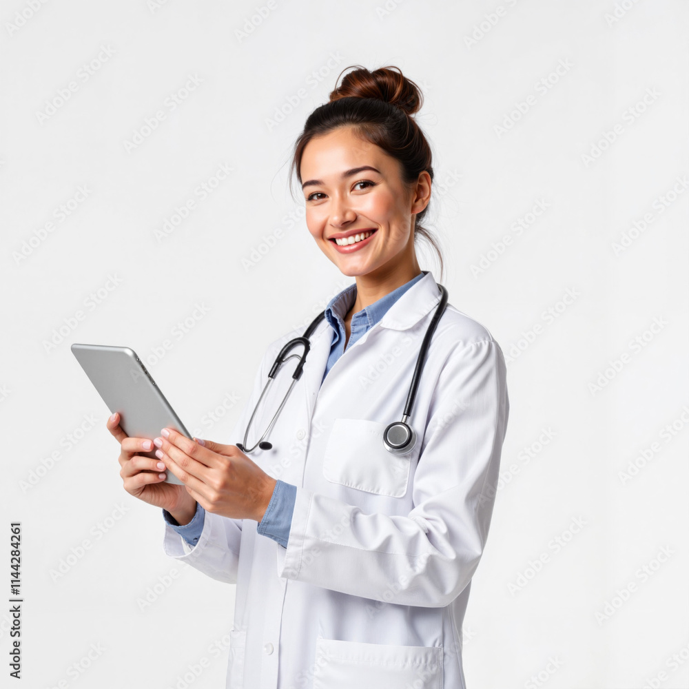 Female doctor holding a tablet with stethoscope on white background Female doctor holding a tablet with stethoscope on white background