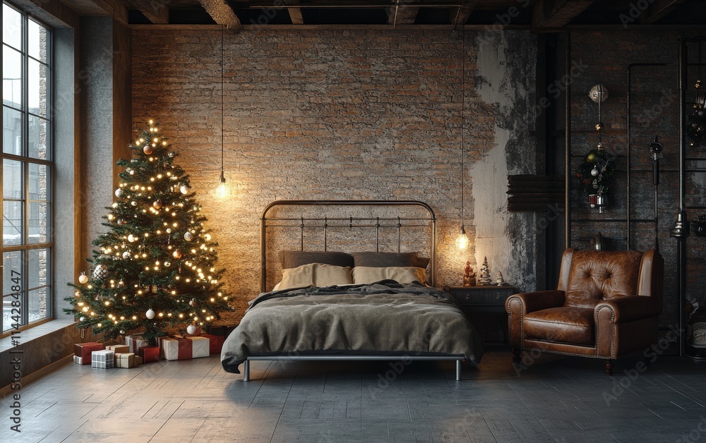 An industrial-themed loft bedroom with a steel-frame bed, leather armchair, and a glowing Christmas tree complementing the raw aesthetic An industrial-themed loft bedroom with a steel-frame bed, leather armchair, and a glowing Christmas tree complementing the raw aesthetic