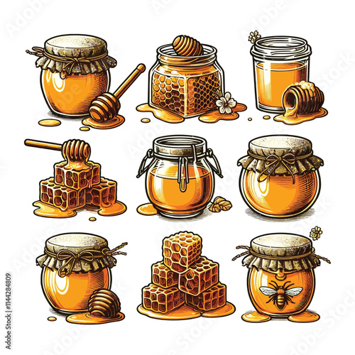Set Of Vector Illustrations Of Honey In Honeycombs In A Jar on white background