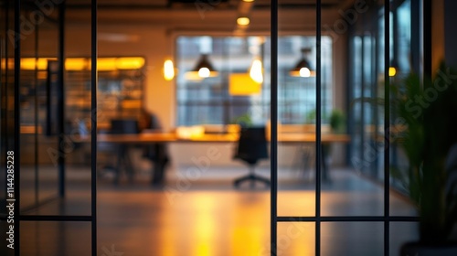 Modern office interior with blurred background showing workspace during daytime, office out of focus