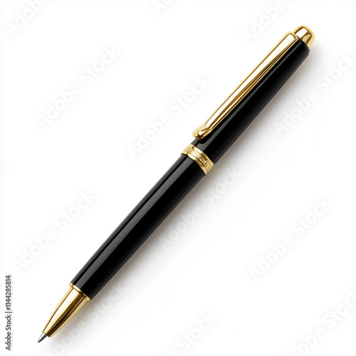 Elegant black pen with gold accents on white background photo