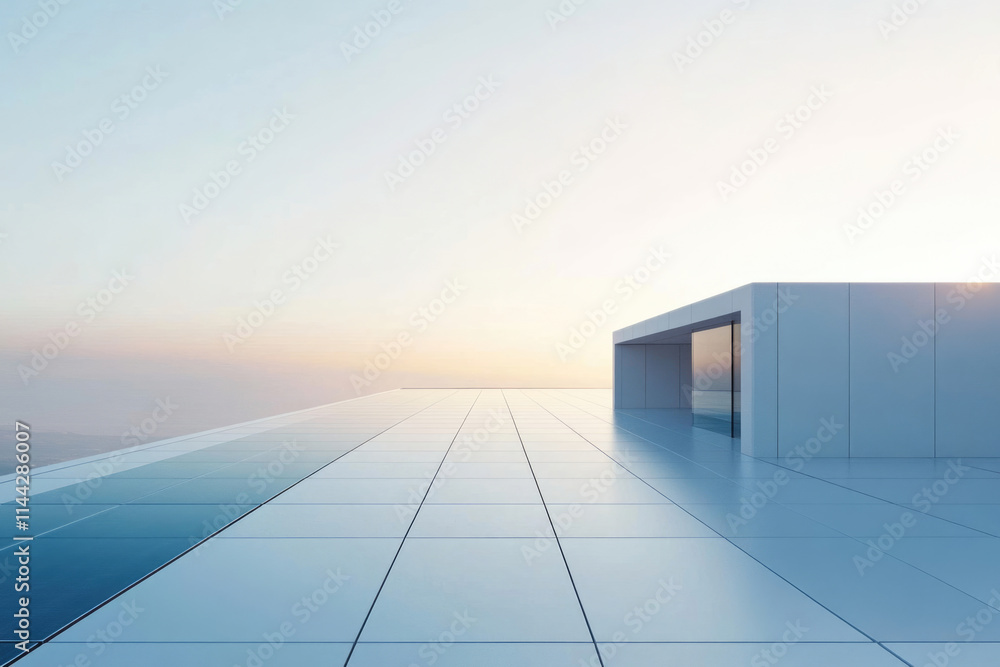 Obraz premium Modern rooftop architecture with glass walls overlooking a scenic landscape at sunset.