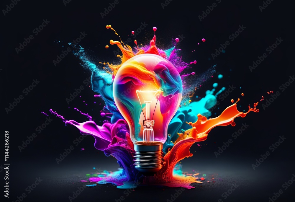 Light Bulb Shattering with Vibrant Paint Splashes on Black Background Representing Creativity and Innovation. Created with generative AI technology Light Bulb Shattering with Vibrant Paint Splashes on Black Background Representing Creativity and Innovation. Created with generative AI technology