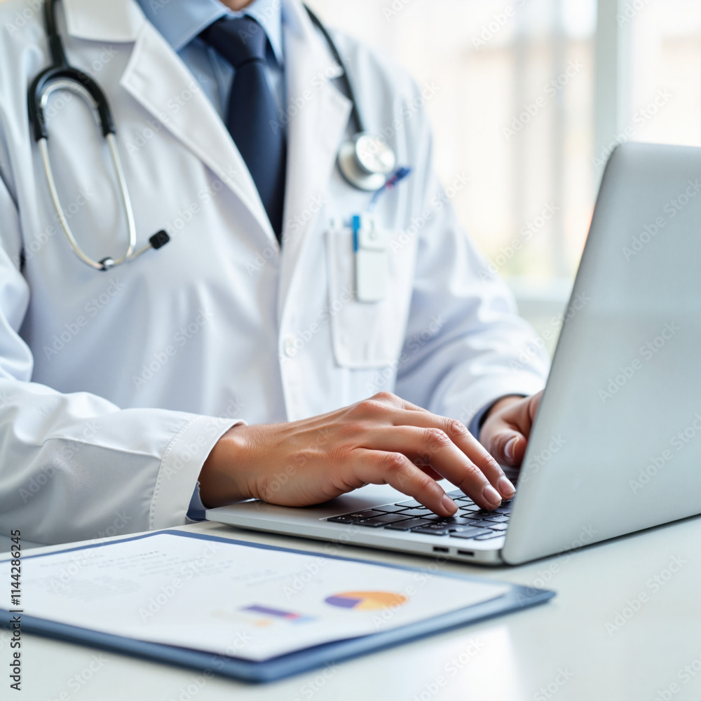 Hands typing on laptop at doctor’s desk in hospital Hands typing on laptop at doctor’s desk in hospital