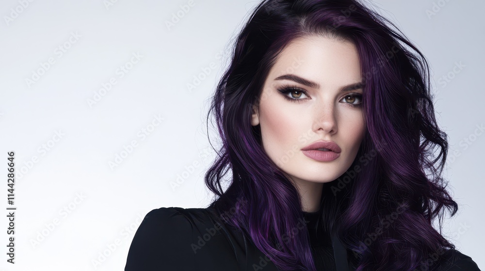 A stunning portrait of a woman with voluminous purple hair surrounding her face, complemented by glowing skin and soft makeup, symbolizing beauty and creativity. A stunning portrait of a woman with voluminous purple hair surrounding her face, complemented by glowing skin and soft makeup, symbolizing beauty and creativity.