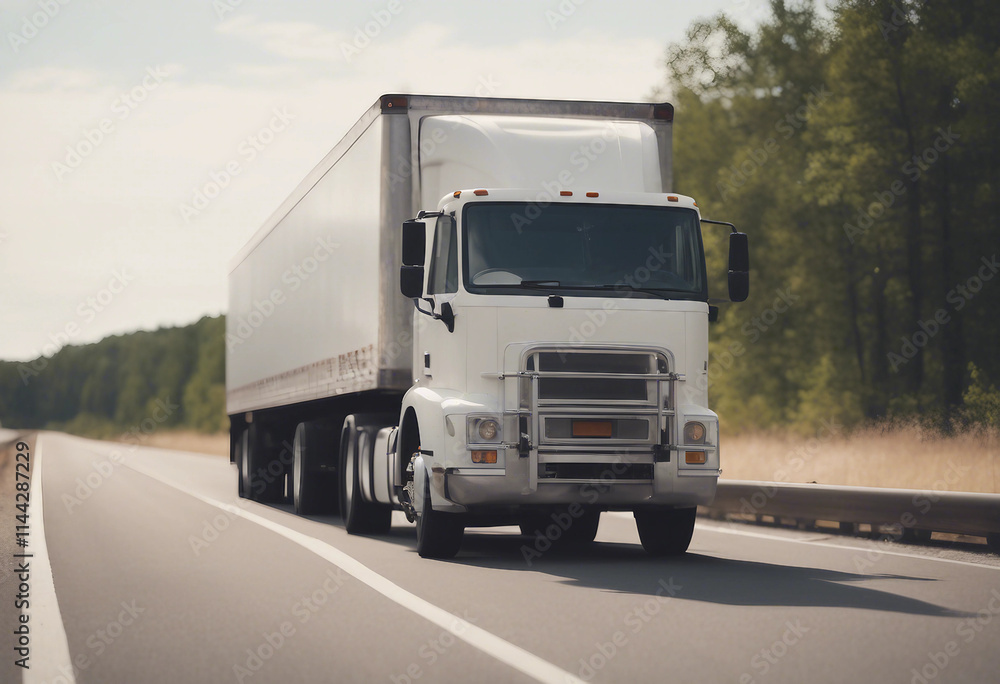 A white cargo truck with a white blank empty trailer for ad on a highway road in the united states A white cargo truck with a white blank empty trailer for ad on a highway road in the united states