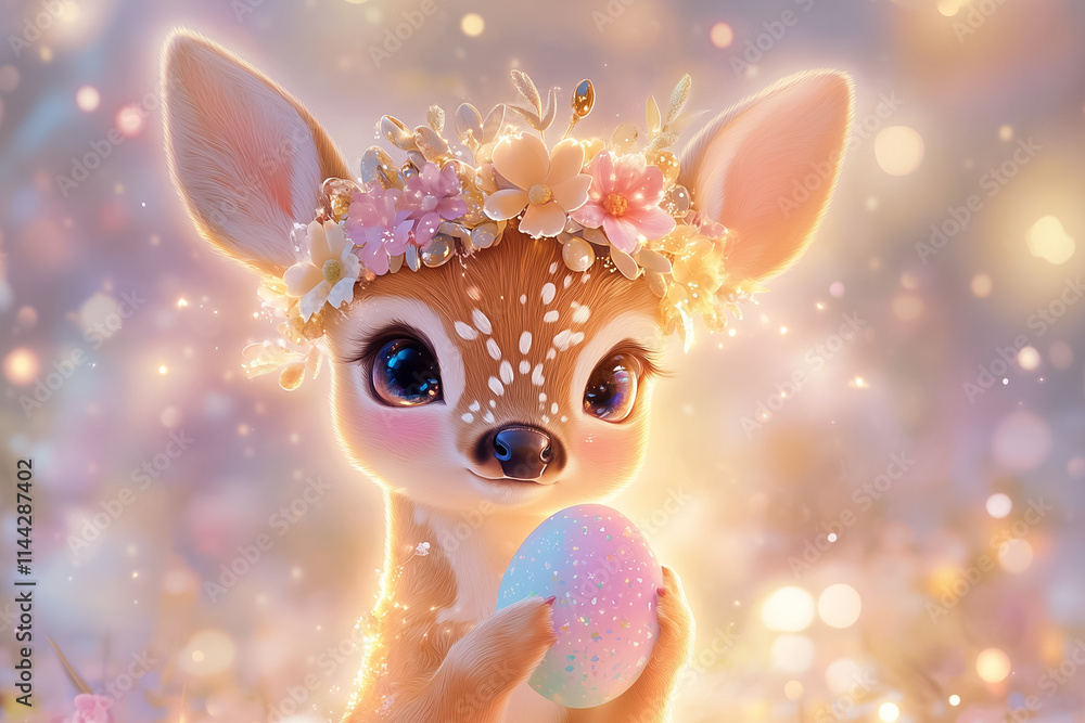 A sweet baby deer with a floral crown cradles a pastel egg amid a dreamy spring backdrop A sweet baby deer with a floral crown cradles a pastel egg amid a dreamy spring backdrop