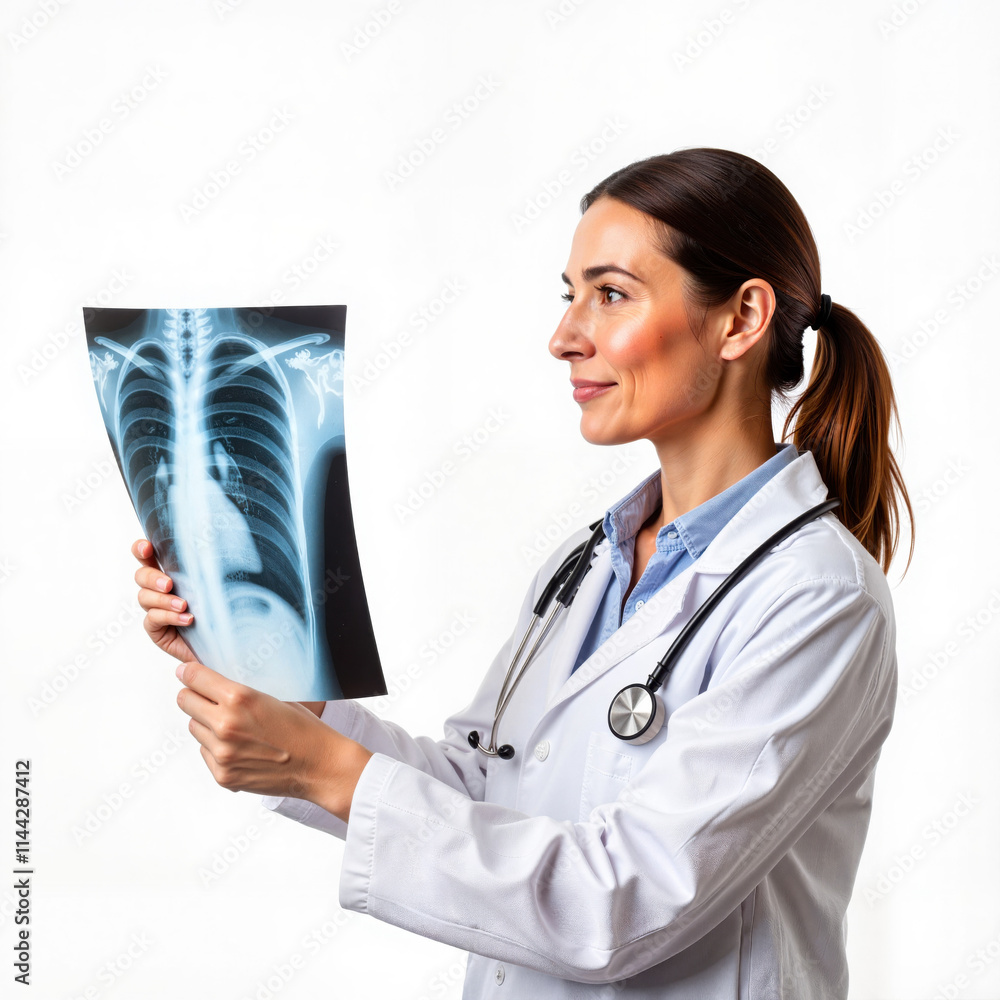 Female doctor examining chest X-ray against white background Female doctor examining chest X-ray against white background