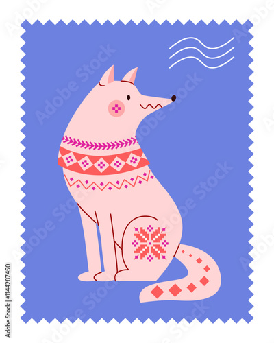 Forest predatory animal wolf in frame on postage stamp in northern winter folklore style with scandinavian knitted pattern. Vector illustration for postcard, sticker, gift wrapping decor.