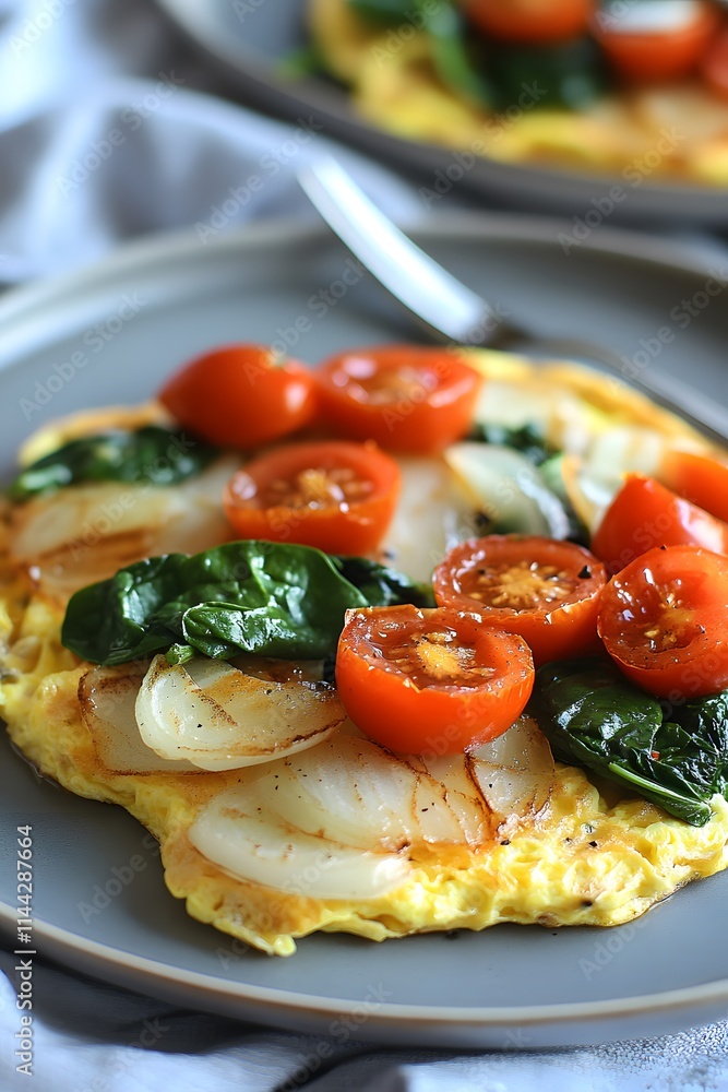 Fluffy omelette topped with sauteed spinach, onions, and cherry tomatoes on a gray plate. Fluffy omelette topped with sauteed spinach, onions, and cherry tomatoes on a gray plate.