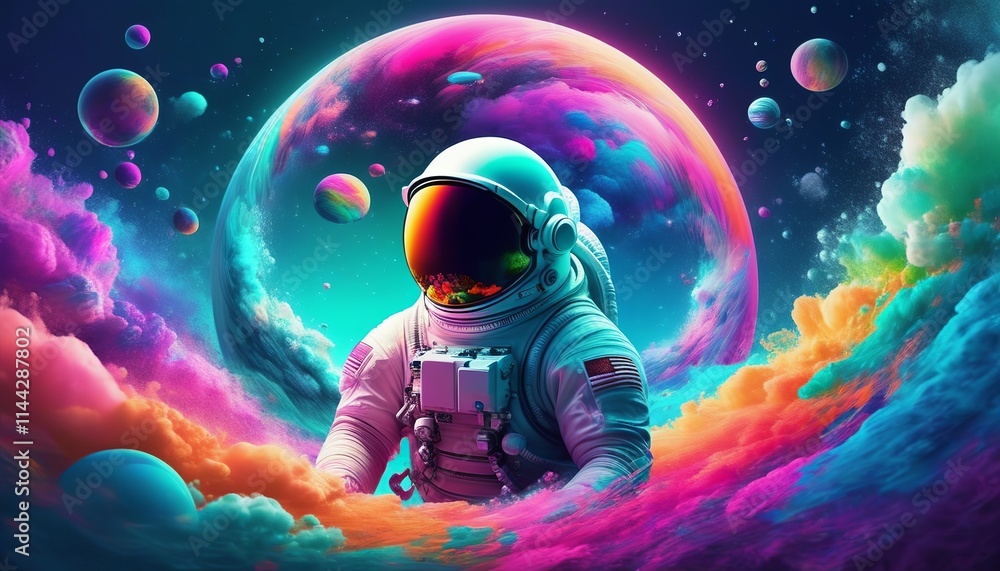 Vibrant Pop Art Depiction of an Astronaut Surrounded by Colorful Bubbles in an Otherworldly Galaxy. Created with generative AI technology Vibrant Pop Art Depiction of an Astronaut Surrounded by Colorful Bubbles in an Otherworldly Galaxy. Created with generative AI technology