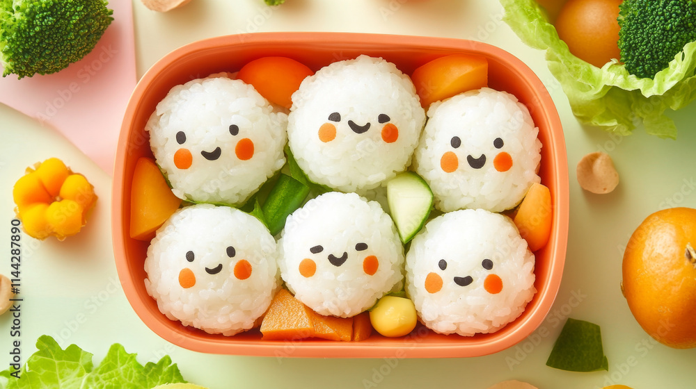 Adorable Rice Ball Bento with Smiling Faces and Fresh Vegetables Adorable Rice Ball Bento with Smiling Faces and Fresh Vegetables