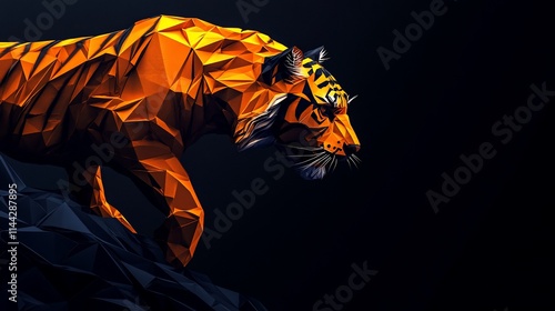 Low-poly tiger on dark rocks. photo