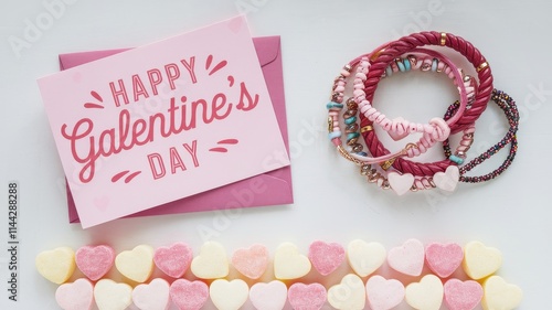 A Chic Flat Lay of a Pink Happy Galentine s Day Greeting Card Candy Hearts and Floral Bracelet photo