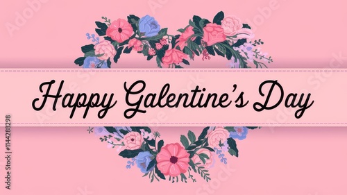 A Digital of an Elegant Happy Galentine s Day Floral Bouquet with Pink Flowers and Hearts photo