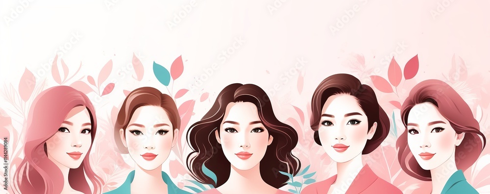 Women's Day banner with graphic women faces on a pastel pink background and horizontal copy space. Created with generative AI technology Women's Day banner with graphic women faces on a pastel pink background and horizontal copy space. Created with generative AI technology