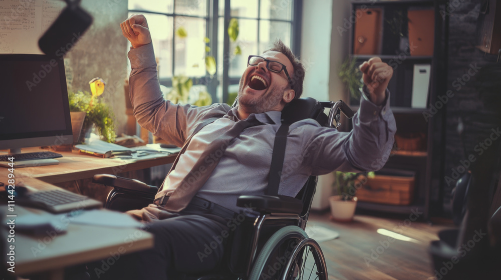 Fototapeta premium Excited professional celebrating success in a wheelchair