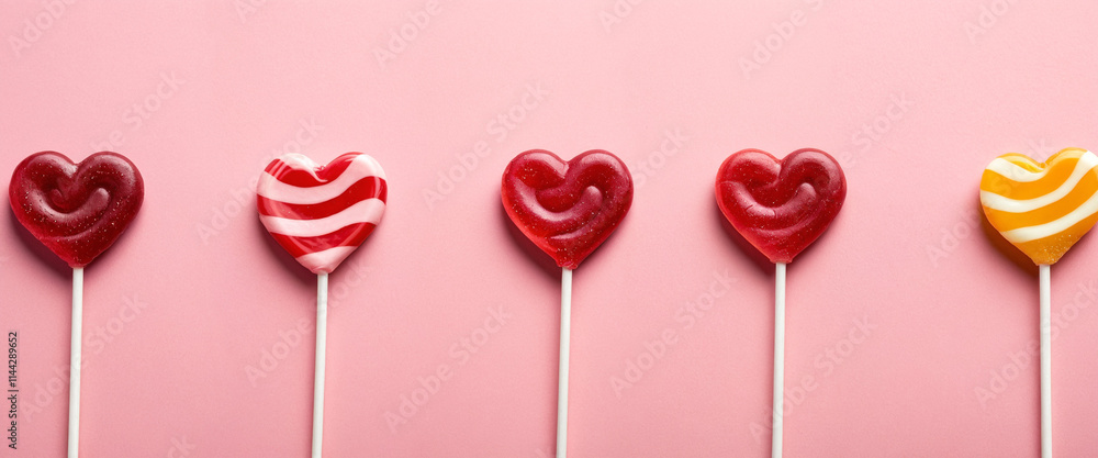 Multicolored lollipops in the shape of hearts on a pink background Multicolored lollipops in the shape of hearts on a pink background