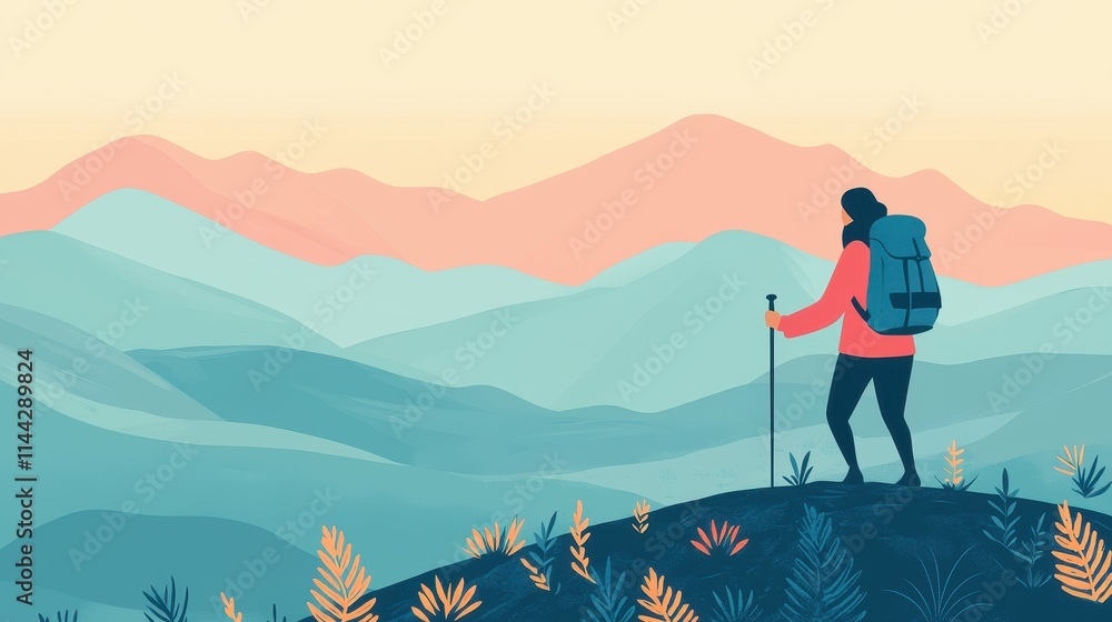 Personal Goals. Hiker on a mountain trail surrounded by colorful landscapes. Personal Goals. Hiker on a mountain trail surrounded by colorful landscapes.