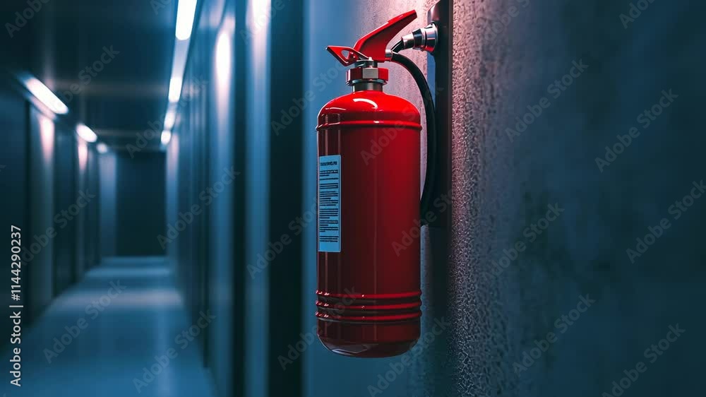 Fire extinguisher mounted on a wall in a dimly lit hallway of a modern building at night Fire extinguisher mounted on a wall in a dimly lit hallway of a modern building at night
