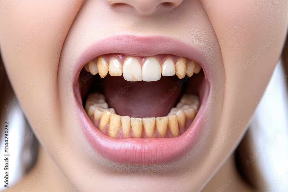 Fototapeta premium Close-up comparison of a woman's teeth, showcasing a dramatic whitening transformation.