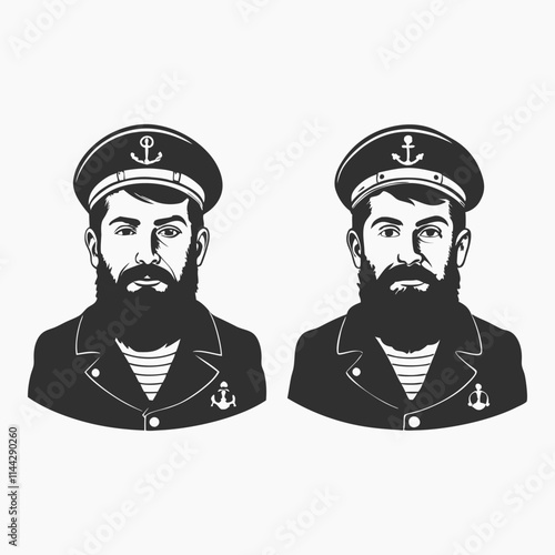 Set of man faces.Portrait of a sea captain, Marine old sailor or bluejacket, whistle and seaman with beard or men seafarer. travel by ship or boat.