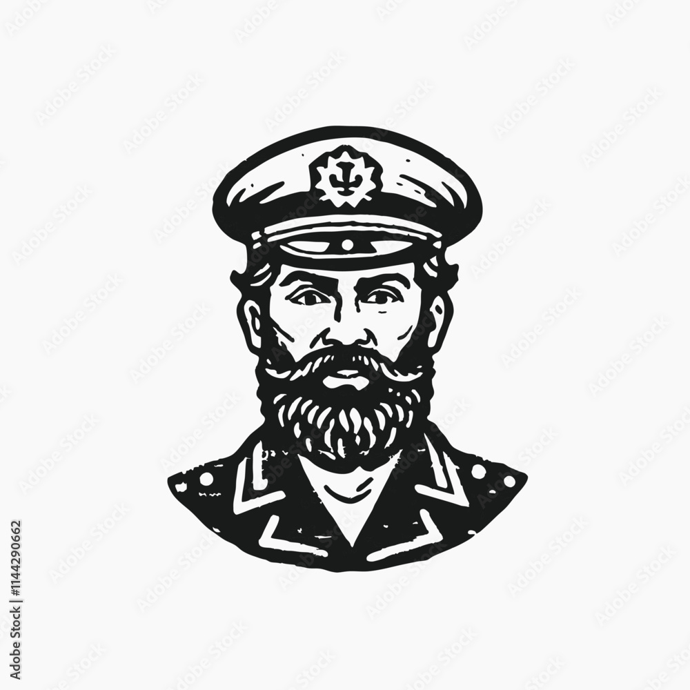 Boat charter captain logo. Mustache bearded sailor icon. Vintage nautical seafarer symbol. Vector illustration.