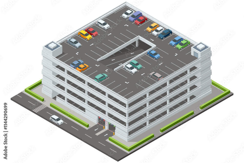 Isometric multi-level parking garage filled with various colored cars. The detailed building has ramps, parking spots, and surrounding greenery Isometric multi-level parking garage filled with various colored cars. The detailed building has ramps, parking spots, and surrounding greenery