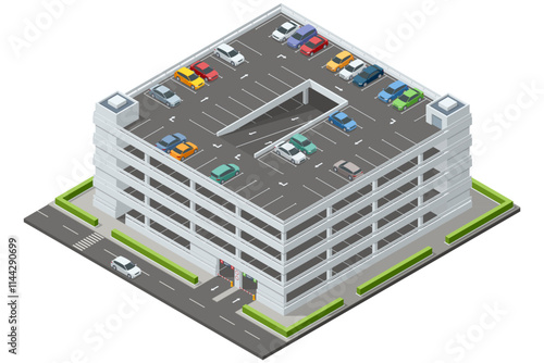 Isometric multi-level parking garage filled with various colored cars. The detailed building has ramps, parking spots, and surrounding greenery