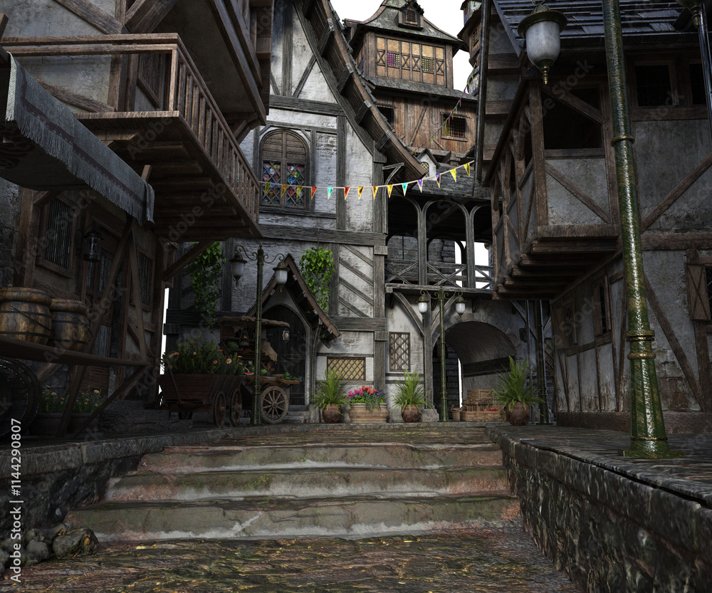 Fototapeta premium 3D rendered medieval town as a backdrop isolated on transparent background
