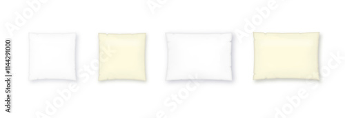 White pillow square shape top, side and front view. Realistic cushion for sleep mockups set pillow isolated on white. Vector