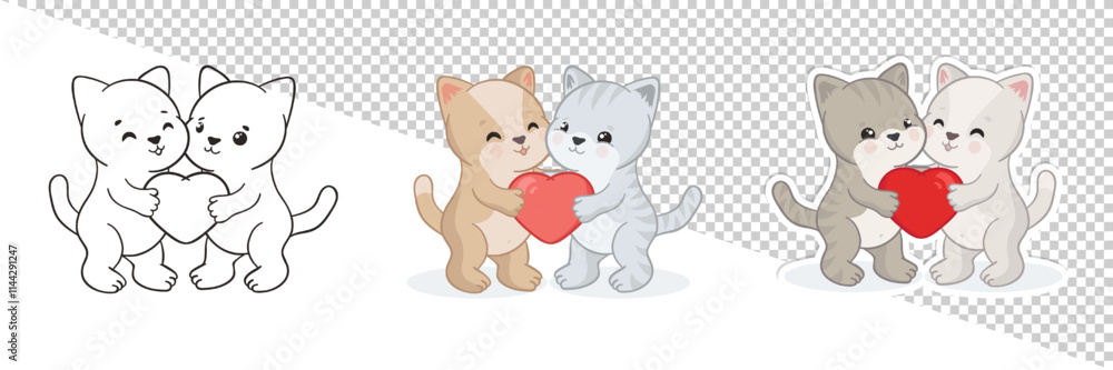 Obraz premium Valentine's day set of hand drawn cartoon, outline illustration and sticker with two cute puffy kittens holding a big hear together. Minimalist doodle romantic art with kawaii adorable little cats