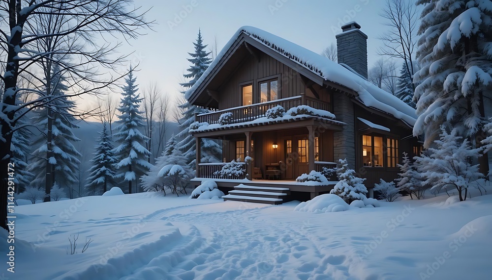 Cozy Winter Cabin Retreat Snowy Landscape at Dusk Cozy Winter Cabin Retreat Snowy Landscape at Dusk