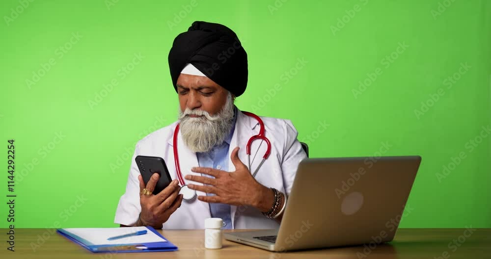 Indian Asian Senior Sikh Doctor Consulting Over Phone While Writing Prescription at Table with Green Screen Background, Dressed Casually in Professional Attire Indian Asian Senior Sikh Doctor Consulting Over Phone While Writing Prescription at Table with Green Screen Background, Dressed Casually in Professional Attire
