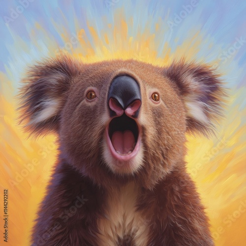 Surprised koala bear with open mouth against a bright, colorful background. photo