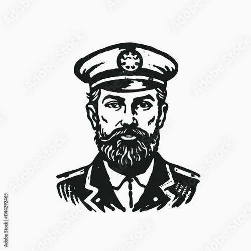Bearded ship captain or skipper with a pipe and peaked cap for a marine nautical logo design for sailor. Vector illustration in cartoon style