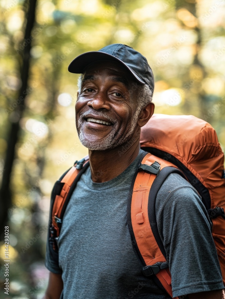 An elderly man smiling with a backpack on his shoulders, hiking through a forested area, enjoying the outdoors and exercise. An elderly man smiling with a backpack on his shoulders, hiking through a forested area, enjoying the outdoors and exercise.