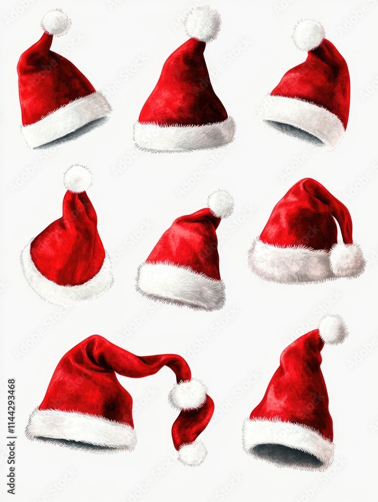 Set of nine different styles of Santa Claus hats, each with a unique design and color. Perfect for Christmas celebrations or winter festivities. Set of nine different styles of Santa Claus hats, each with a unique design and color. Perfect for Christmas celebrations or winter festivities.