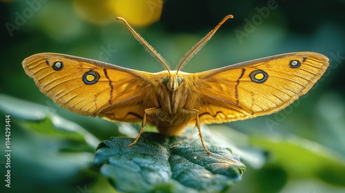 Golden butterfly perched on a leaf.