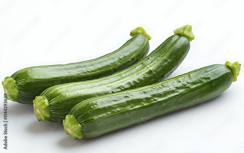 Three fresh green zucchini squash arranged on a white background. Three fresh green zucchini squash arranged on a white background.