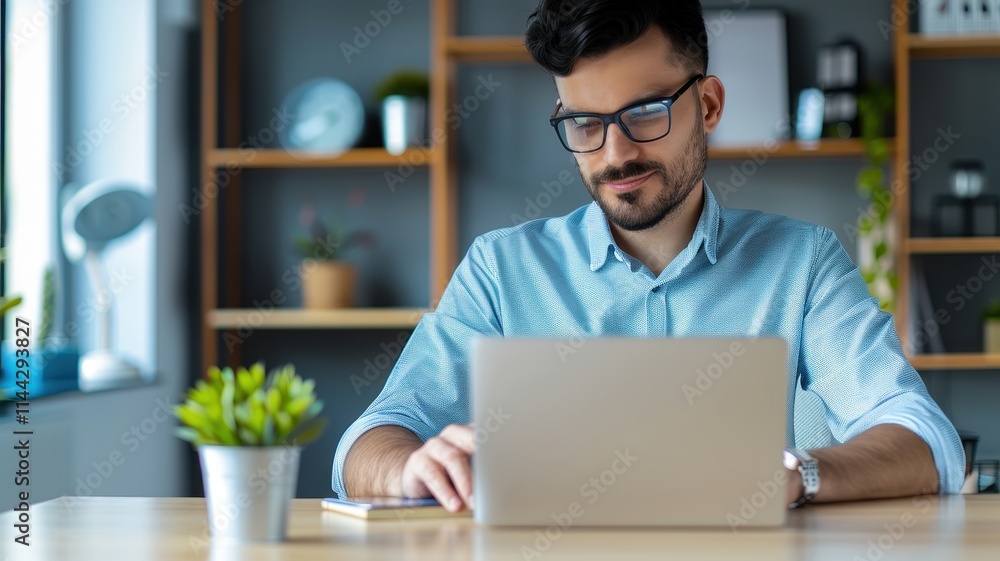 A focused man works on a laptop in a modern, well-lit workspace, surrounded by plants and shelves, conveying a productive atmosphere. A focused man works on a laptop in a modern, well-lit workspace, surrounded by plants and shelves, conveying a productive atmosphere.