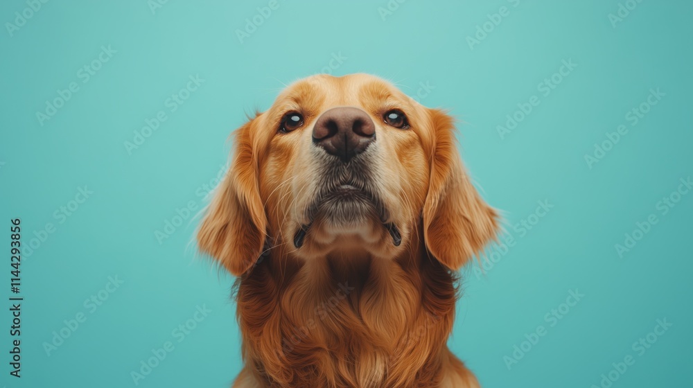 Fototapeta premium A cute golden retriever sitting upright with a playful expression, framed against a bright blue background
