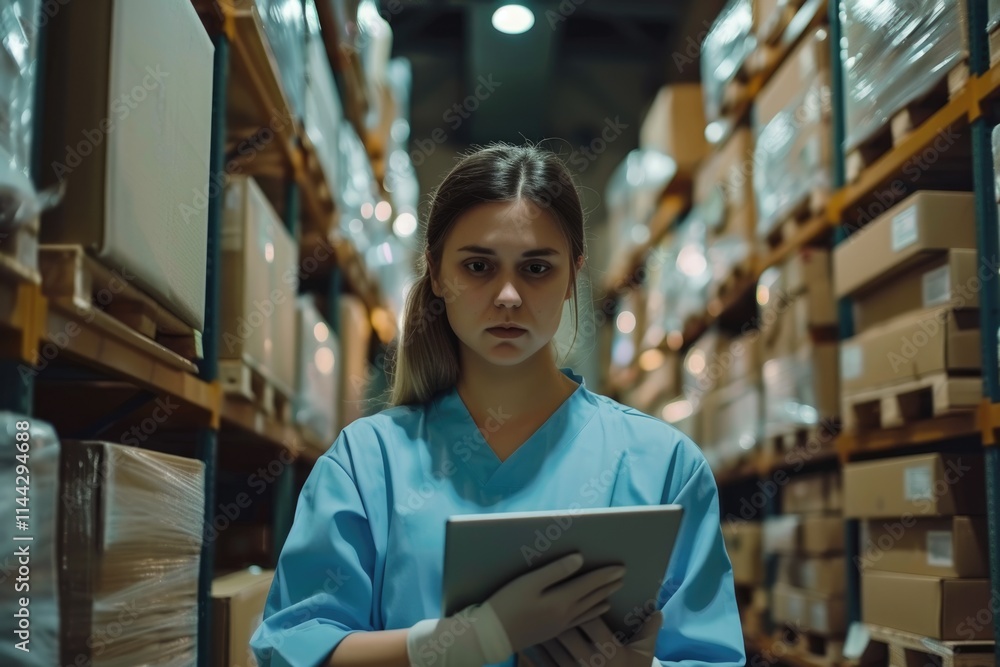 Young female worker in sterile clothes uses tablet in factory storage. Young female worker in sterile clothes uses tablet in factory storage.