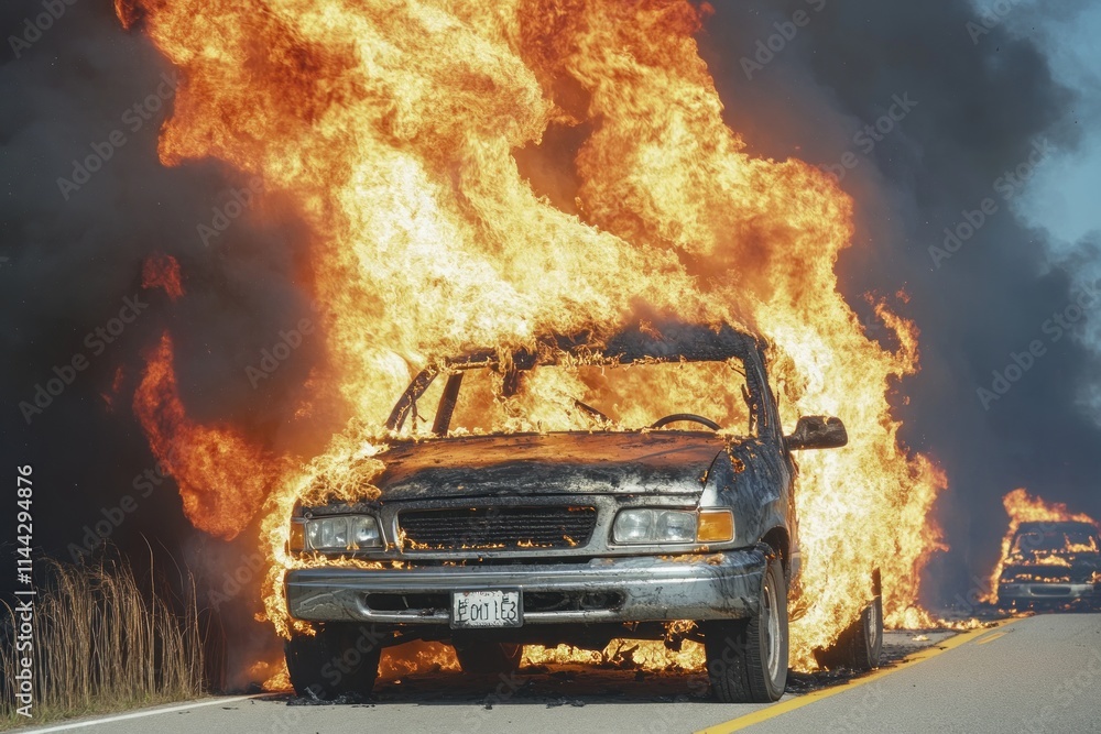 Burning Car on Road with Intense Flames and Smoke Burning Car on Road with Intense Flames and Smoke