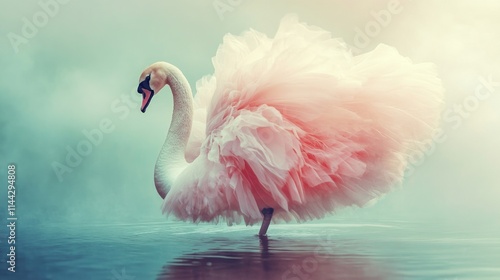 Fototapeta Naklejka Na Ścianę i Meble -  A single pink swan gracefully floating on water with a misty backdrop.