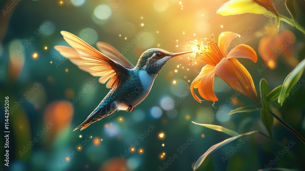 Hummingbird Feeding on Blooming Flower in Enchanting Garden Hummingbird Feeding on Blooming Flower in Enchanting Garden