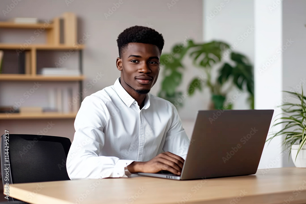 Smiling young man in a white shirt working on a laptop in a modern, plant-filled office space Smiling young man in a white shirt working on a laptop in a modern, plant-filled office space
