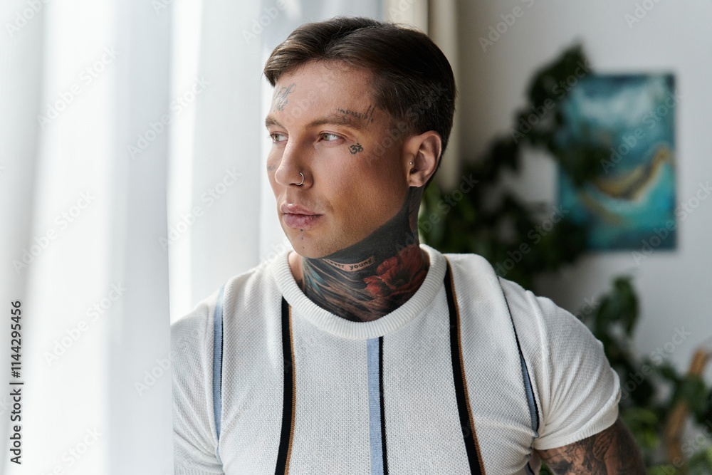 Handsome young man with tattoos looks pensively from a window in a well lit space. Handsome young man with tattoos looks pensively from a window in a well lit space.