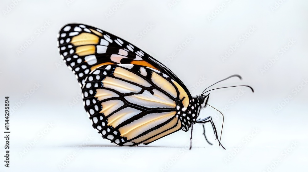 Fototapeta premium Close-up profile view of a vibrant monarch butterfly with black, orange, and white patterned wings on a white background.